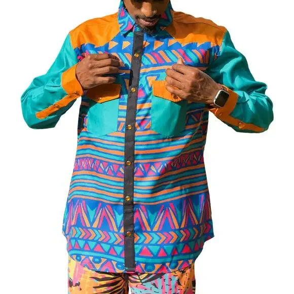 B Fresh Jazzy J Orange Blue Retro 90s Pearl Snap Button Up Shirt size XL NEW Tag - Picture 1 of 9